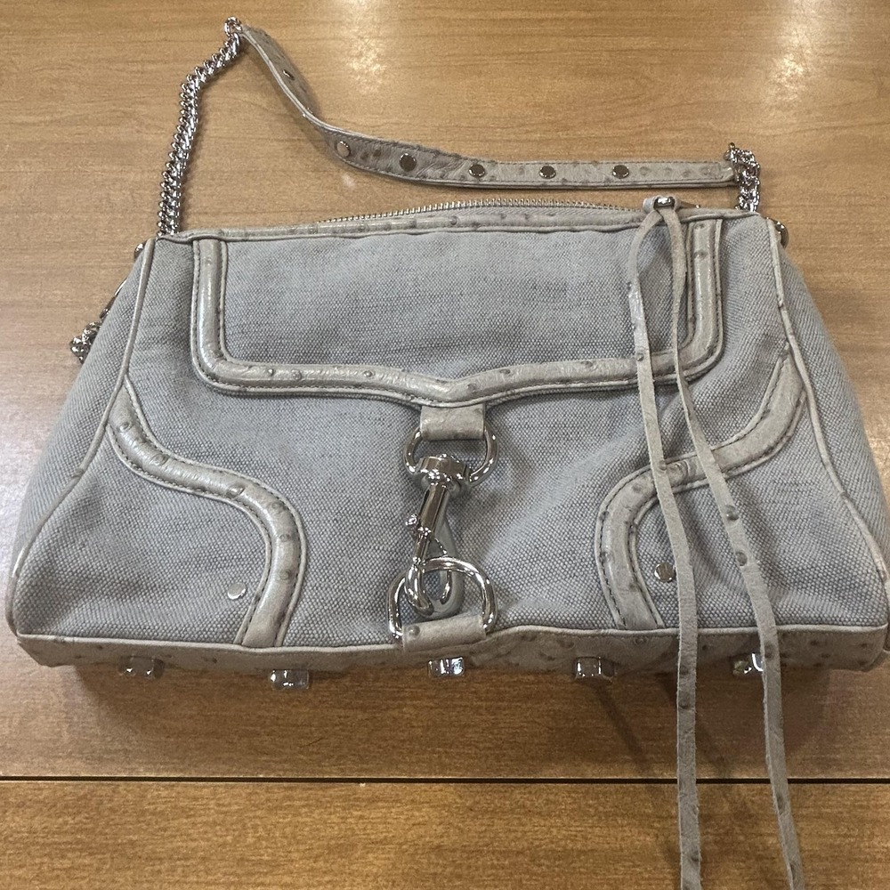 Rebecca Minkoff Crossbody Bag Womens‎ Medium Gray Canvas Leather Studded Purse